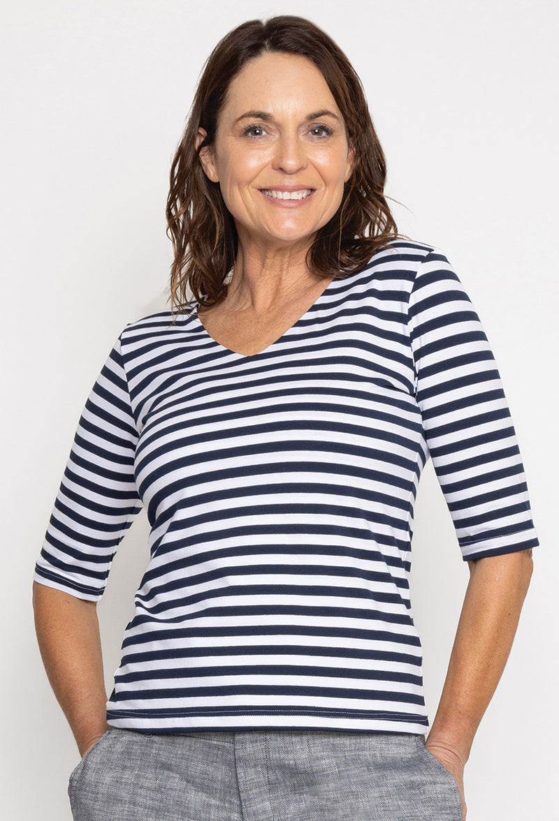 V Neck 3/4 Sleeve Navy White Stripe